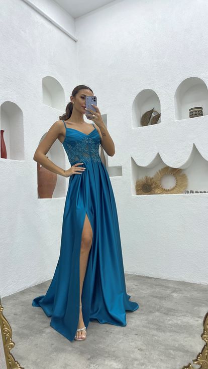 Turquoise Strappy Draped Embroidered Satin Evening Dress