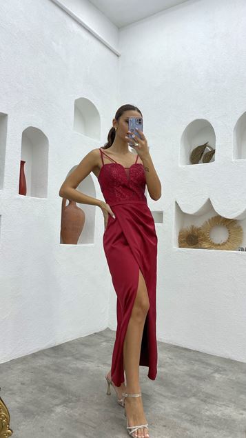 Claret Red Satin Evening Dress With Rope Straps