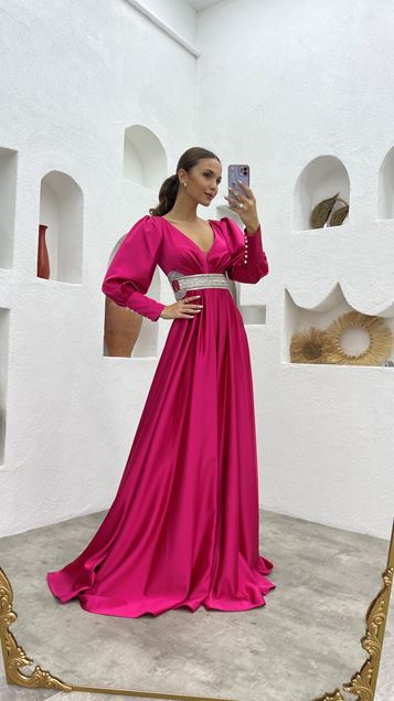 Fuchsia Taille Brodée Satin Robe de soirée