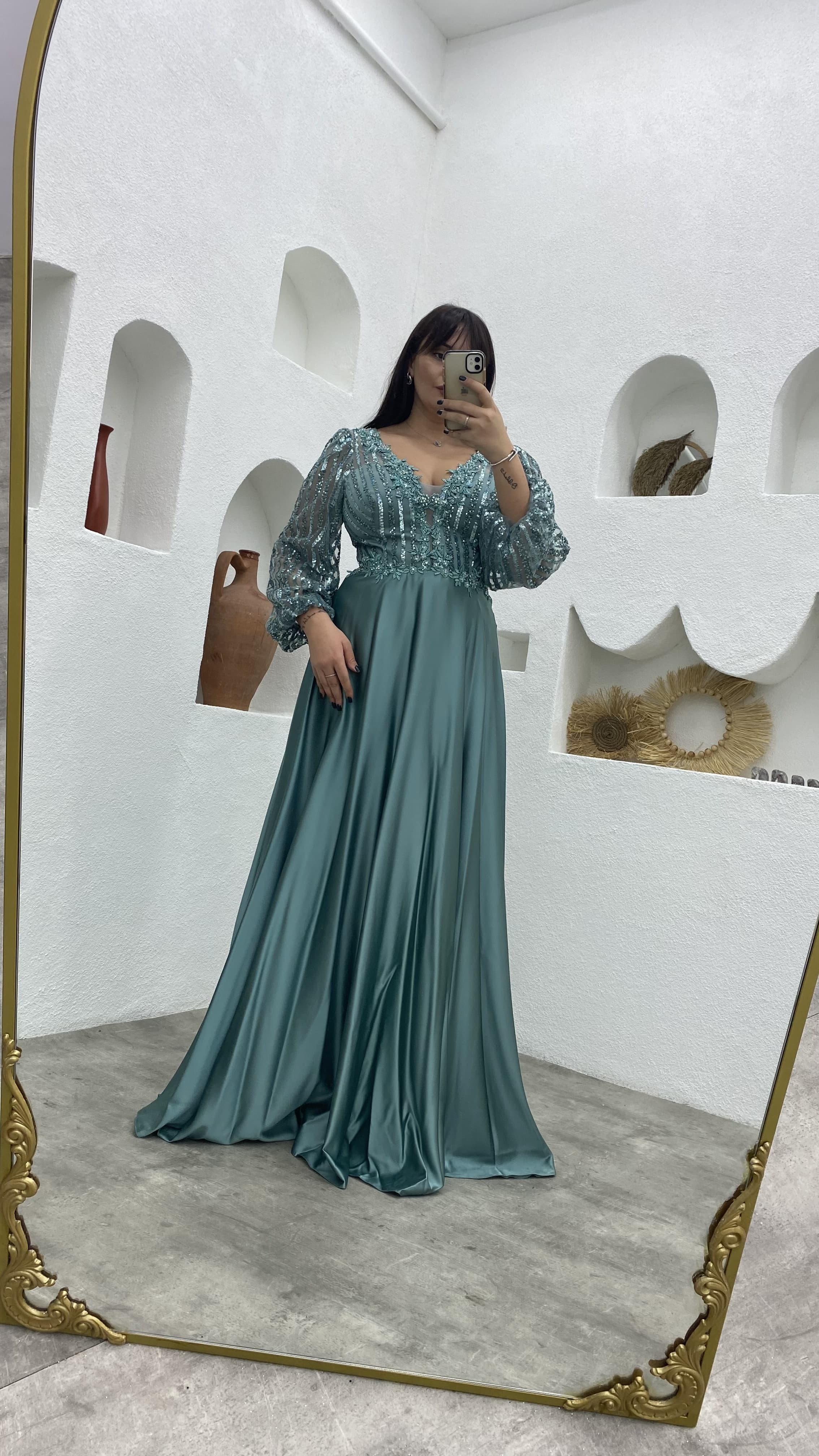 Mint Green Embroidered Detail Satin Plus Size Evening Dress