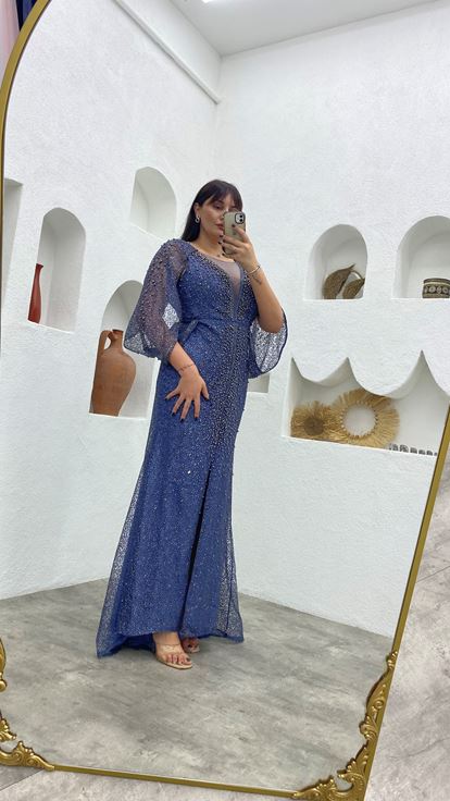 Mavi Boncuk İşlemeli Kol Detay Büyük Beden Abiye Elbise