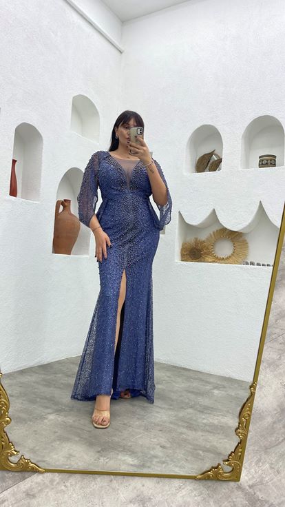 Mavi Boncuk İşlemeli Kol Detay Büyük Beden Abiye Elbise