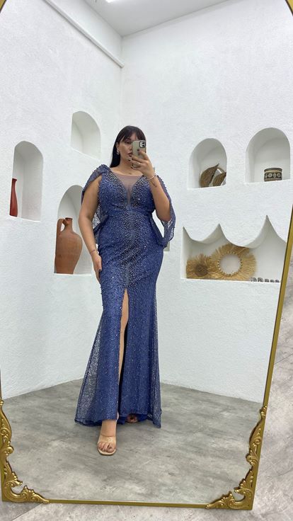 Mavi Boncuk İşlemeli Kol Detay Büyük Beden Abiye Elbise