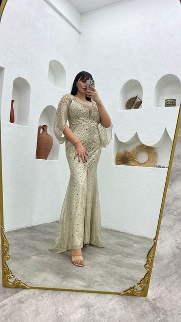 Beige Bead Embroidered Sleeve Detail Plus Size Evening Dress