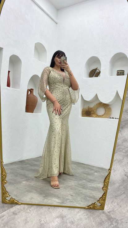 Beige Bead Embroidered Sleeve Detail Plus Size Evening Dress