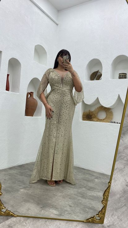 Beige Bead Embroidered Sleeve Detail Plus Size Evening Dress