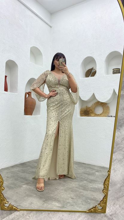 Beige Bead Embroidered Sleeve Detail Plus Size Evening Dress