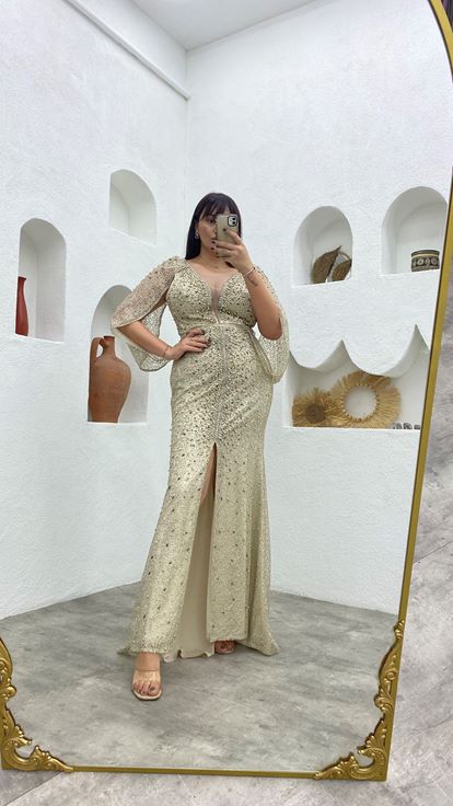 Beige Bead Embroidered Sleeve Detail Plus Size Evening Dress