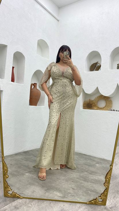 Beige Bead Embroidered Sleeve Detail Plus Size Evening Dress