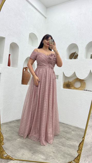 Powder Rope Strap Floral Detail Glittery Plus Size Evening Dress