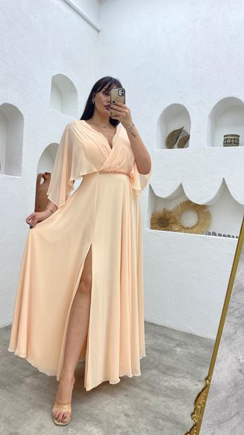 Salmon Waist Embroidered Belt Detail Balloon Sleeve Chiffon Plus Size Evening Dress