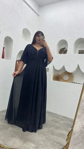 Vestido de noche de tul brillante con motivo de cintura negro con motivo de globo