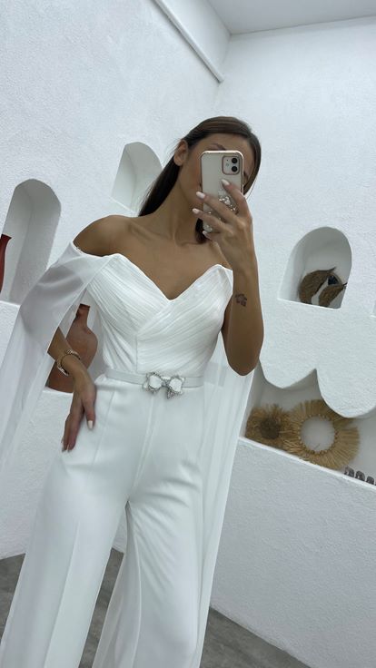 White Cloak Detail Draped Design Jumpsuit