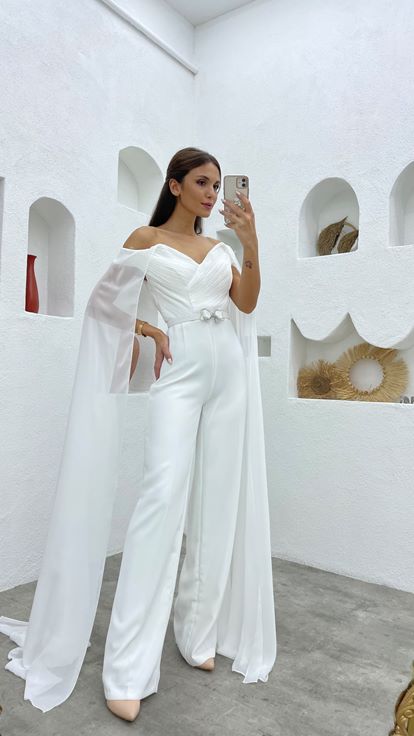 White Cloak Detail Draped Design Jumpsuit