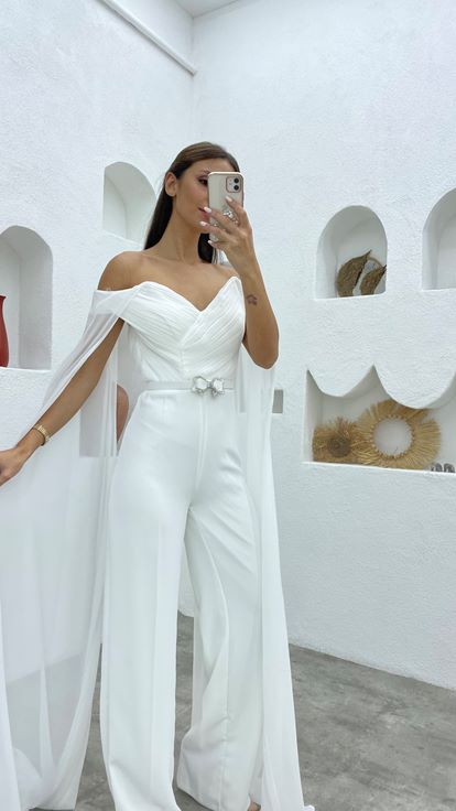 White Cloak Detail Draped Design Jumpsuit