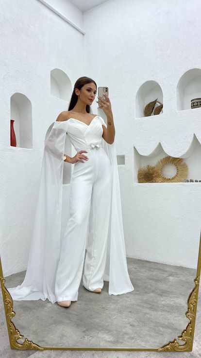 White Cloak Detail Draped Design Jumpsuit