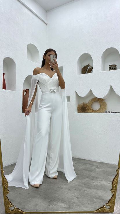 White Cloak Detail Draped Design Jumpsuit
