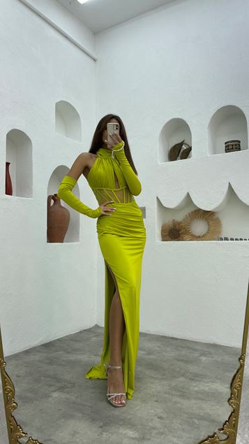 Yellow Transparent Detail Draped Satin Evening Dress