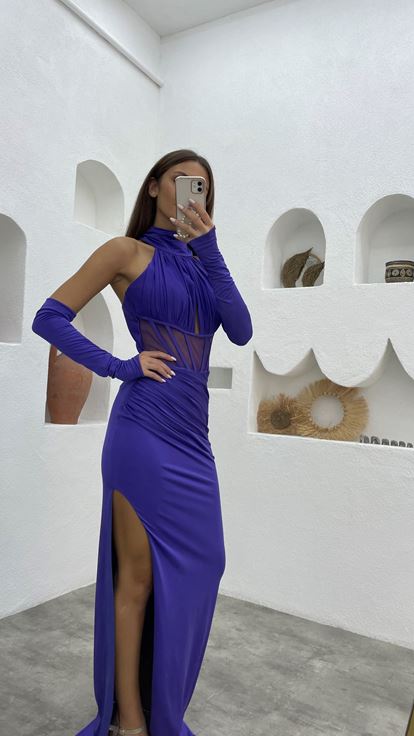 Violet Transparent Détail Drapé Satin Robe de soirée