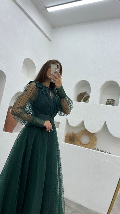 Emerald Green Belt Detail Tulle Evening Dress