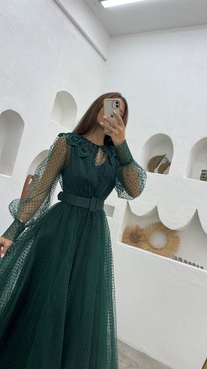 Emerald Green Belt Detail Tulle Evening Dress