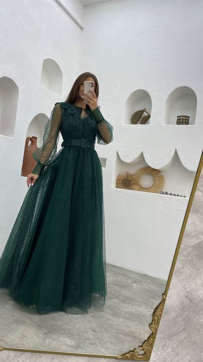 Emerald Green Belt Detail Tulle Evening Dress