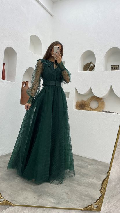 Emerald Green Belt Detail Tulle Evening Dress