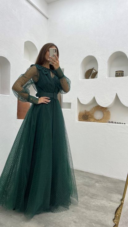 Emerald Green Belt Detail Tulle Evening Dress