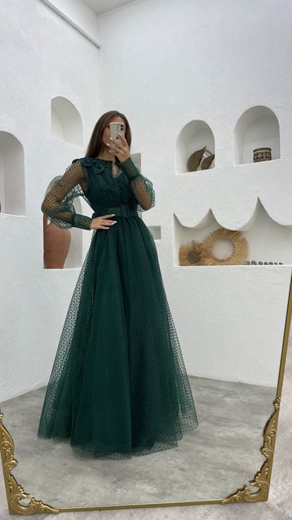 Emerald Green Belt Detail Tulle Evening Dress