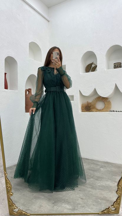 Emerald Green Belt Detail Tulle Evening Dress