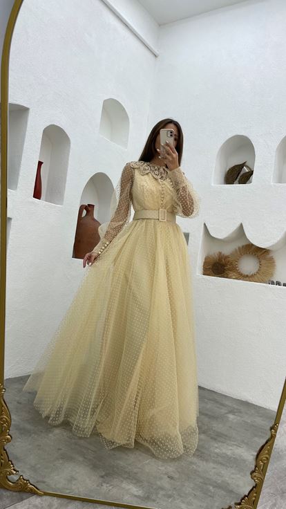 Beige Belt Detail Tulle Evening Dress