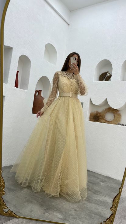 Beige Belt Detail Tulle Evening Dress