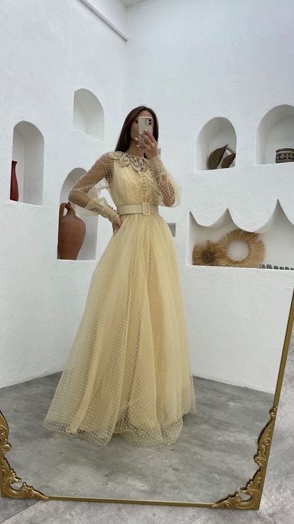 Beige Belt Detail Tulle Evening Dress