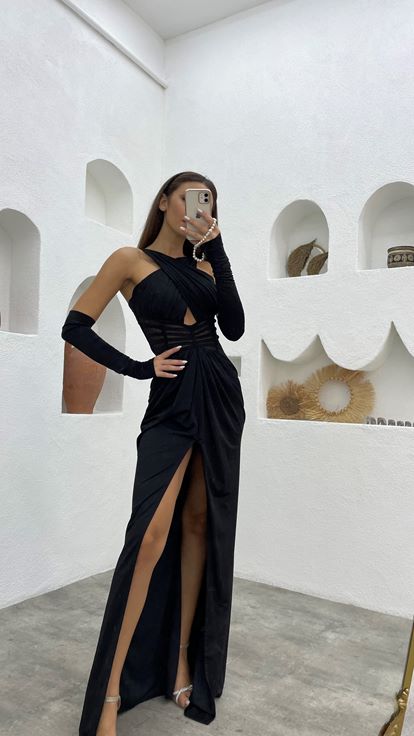 Black Cross Strap Transparent Detail Satin Evening Dress