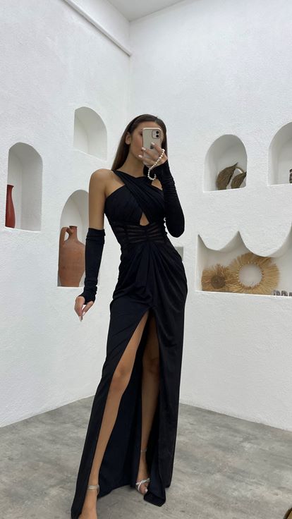 Black Cross Strap Transparent Detail Satin Evening Dress