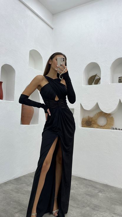 Black Cross Strap Transparent Detail Satin Evening Dress