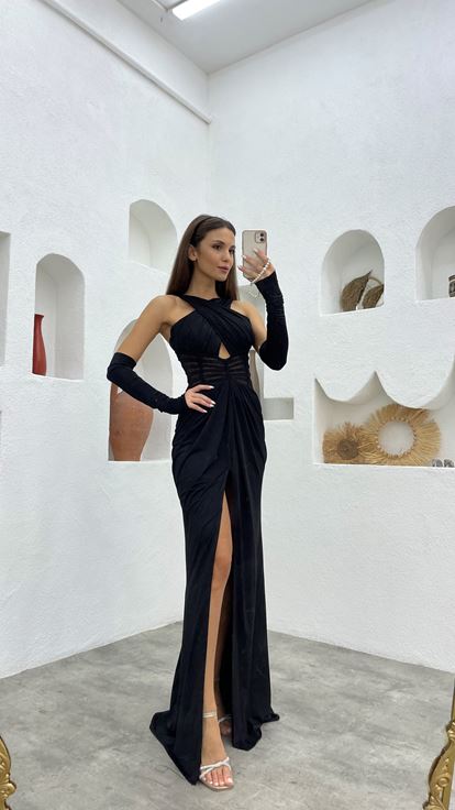 Black Cross Strap Transparent Detail Satin Evening Dress