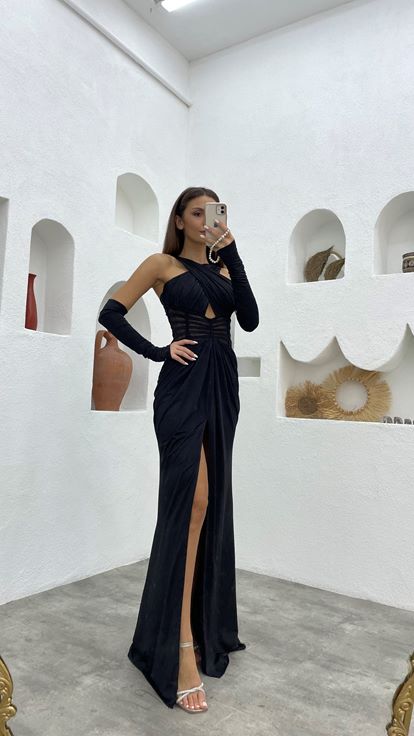 Black Cross Strap Transparent Detail Satin Evening Dress