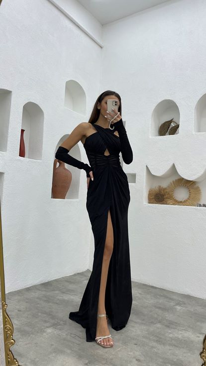 Black Cross Strap Transparent Detail Satin Evening Dress