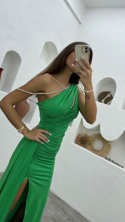 Verde Una spalla drappeggiata coulisse raso abito da sera