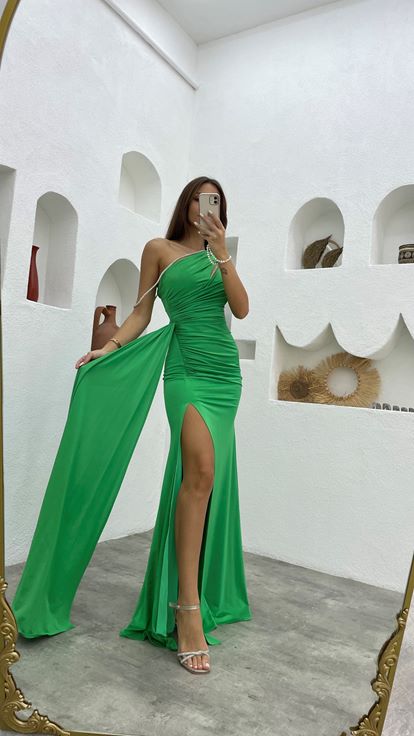 Verde Una spalla drappeggiata coulisse raso abito da sera