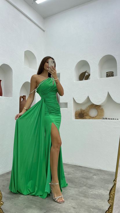 Verde Una spalla drappeggiata coulisse raso abito da sera