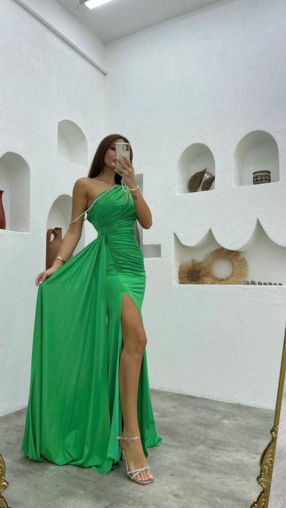 Verde Una spalla drappeggiata coulisse raso abito da sera