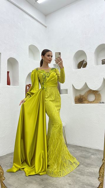 Yellow Embroidered Detail Draped Design Evening Dress