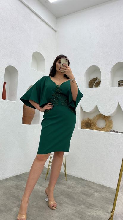 Zümrüt İşlemeli Motifli Balon Kol Büyük Beden Abiye Elbise