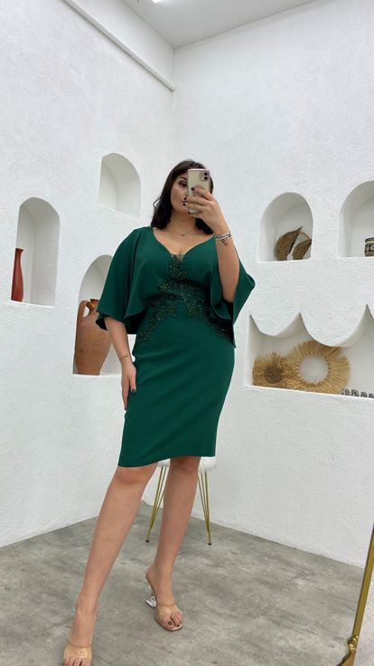 Zümrüt İşlemeli Motifli Balon Kol Büyük Beden Abiye Elbise