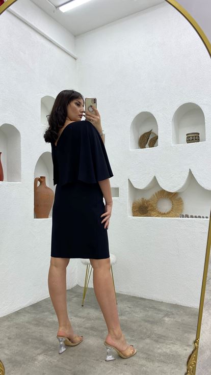 Siyah İşlemeli Motifli Balon Kol Büyük Beden Abiye Elbise