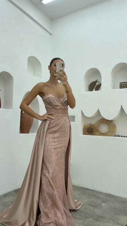 Powder Stone Embellished Strapless Cape Detail Satin Evening Dress
