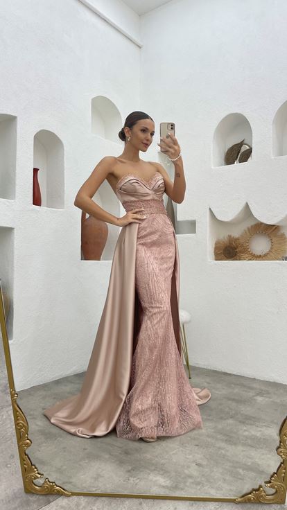 Powder Stone Embellished Strapless Cape Detail Satin Evening Dress