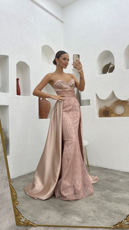 Powder Stone Embellished Strapless Cape Detail Satin Evening Dress